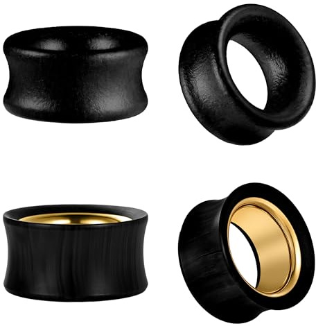 AccGin 4Pcs Hollow Gold Stainless Steel/Sandal Wood Black Wood Two Tone Ear Gauges Tunnels Plugs, Double Flared Expander Stretcher Body Jewelry for Men Women (8mm-25mm)