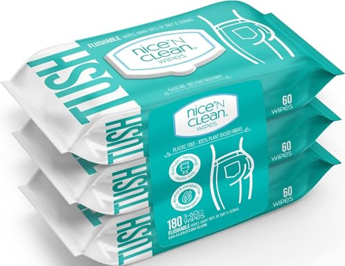Nice 'N Clean Adult Flushable Wipes (3 x 60 Count) | Personal Cleansing Wipes Made from Plant-Based Fibers | Infused with Aloe & Vitamin E
