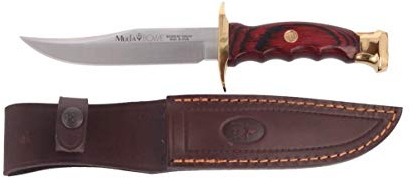Muela Cuchillo de caza BWF-14 con hoja de acero inoxidable MoVa de 14 cm y empuñadura de madera de coral para Caza, Pesca, Supervivencia y Bushcraft + Portabotellas de regalo