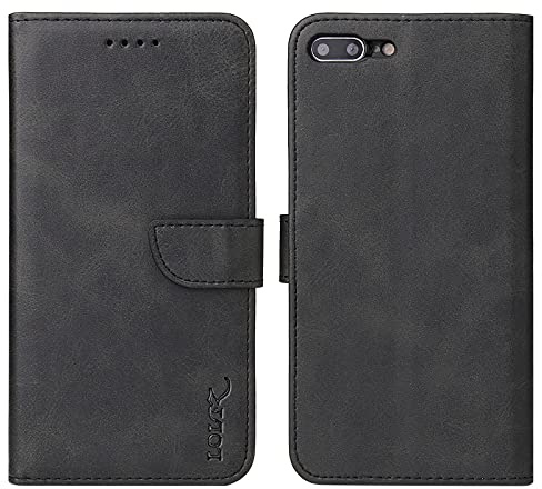 LOLFZ Wallet Case for iPhone 7 Plus 8 Plus, Vintage Leather Book Case with Card Holder Kickstand Magnetic Closure Flip Case Cover - Black