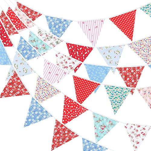 G2PLUS 12M Guirnalda Banderas Banderines Tela de Algodón, Pancarta Triángulo Multicolor Banderines Fiesta Decoración Colgante de Boda Bautizo Fiesta Cumpleaños Navidad（Rojo + Azul）