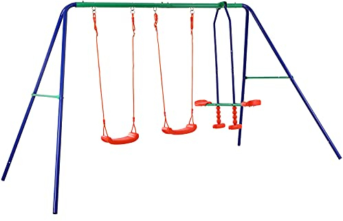 Spielwerk® Schaukel Outdoor Metallgerüst 200kg Tragkraft Bodenanker 2X Schaukelsitz 1x Doppelschaukel Lackiert Verstrebt Schaukelgerüst Kinderschaukel
