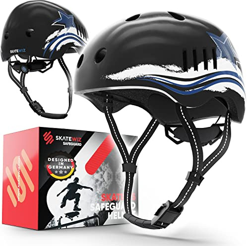 SKATEWIZ Casco Patinete y Bicicleta para Niños - Safeguard S - 49-53cm Estrella Negra-Azul