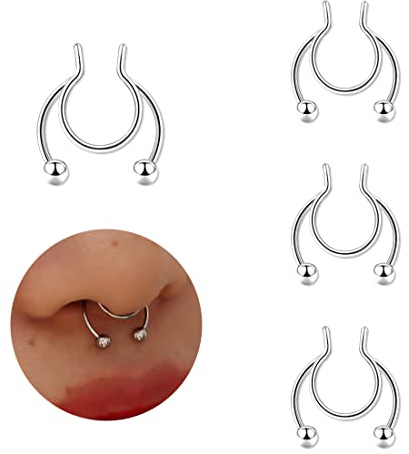 LuLiyLdJ 4 Pièces Faux Anneaux de Nez Percés Faux Septum Nasal Piercing Oreilles Non Percées Femmes Hommes Piercing Lèvres Anneaux