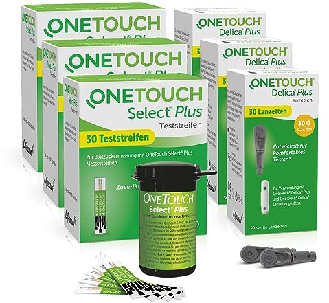 OneTouch Select Plus Kombi-Pack L für Blutzuckermessung |Teststreifen & Lanzetten für Diabetes (Zucker-Krankheit)| 90 Tests | 3 Packungen Teststreifen, je 30 Stück I 3 Packungen Lanzetten, je 30 Stück