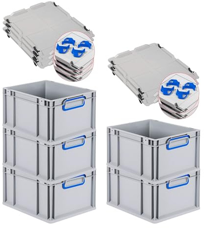 PROREGAL SuperSparSet 5x Eurobox NextGen Color mit Auflagedeckel & Schiebeschnappverschlüsse, HxBxT 22x30x40cm, 20L, Griffe blau geschlossen, Glatter Boden, Eurobehälter Transportbox Transportbehälter