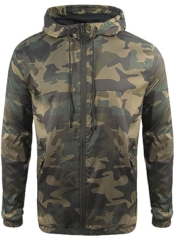 Mymyguoe Chubasquero para hombre, impermeable, transpirable, ligero, softshell, chaqueta cortavientos, chaqueta de entretiempo con cremallera, chaqueta softshell para hombres, camuflaje, M