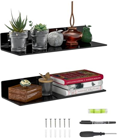 Sezanrpt 38cm Schwarz Acryl Wandregale 2-Pack, L Form Acryl schwimmend Regal, Perspex Wandregale für Wanddekoration, Moel Auto, Kerze, Kalender, Handtuch, Tissue