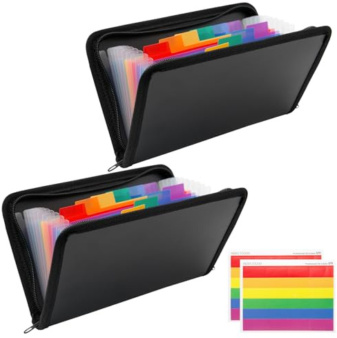 Keboyoe 2 Pièces Extensible Pochettes pour Documents, 13 Poches A6 Trieur Document avec Fermeture à Glissière,Organisateur De Documents Pochette Trieur pour Documents, Reçus, Facture(Noir)