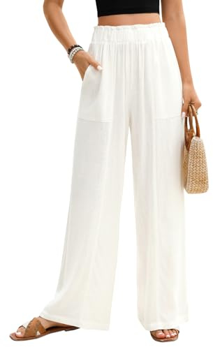 PASUDA Pantalon Femme Été Fluide Pantalons Lin Taille Haute Elastique Pantacourt Jambe Large Ample Léger Pantalon Décontractée Longueur Pants Chic et Elegant avec Poches