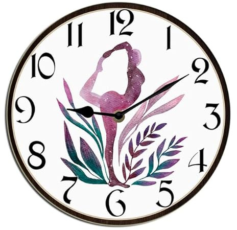 Horienteeon Orologio da parete per yoga, centro fitness, decorazione per soggiorno, in legno, silenzioso, senza ticchettio, orologio da parete per cucina/soggiorno/camera da letto/bagno, rotondo, 25,4
