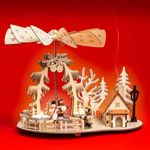 SIKORA P35e 2-in-1 Holz Teelicht Weihnachtspyramide Deko Pyramide Räucherfigur Wald mit rauchender Hütte