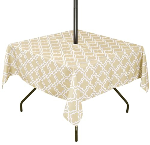 3E Home Khaki Outdoor Tablecloth,Table Cloth with Parasol Hole 60 x 60 Inches,Square Spillproof Table Covers for Patio, Poolside, Outdoor Gatherings