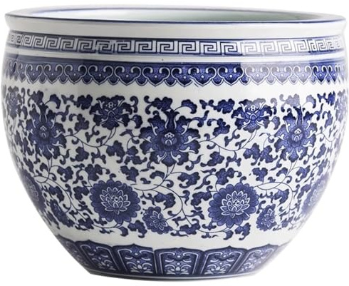 Jardinière en Porcelaine Bleu Et Blanc, Pot De Plante Chinois en Céramique Florale, Style Chinoiserie Classique, Cache-Pot Décoratif pour Plantes Succulentes(WM(Drilling Holes),21.5cm)