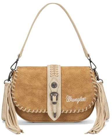 Wrangler Western Shoulder Bag for Women, Flap Small Crossbody Purse with Fringe,Vintage Cowgirl Handbag WG454-2003BR