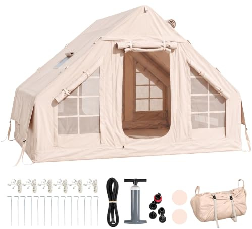 Outsunny Tienda de Campaña Inflable Glamping para 5 Personas con Apertura de Chimenea y Claraboya Bomba UPF30+ Bolsa para 4 Estaciones Instantáneo Resistente al Viento Tela Oxford Impermeable 5000+