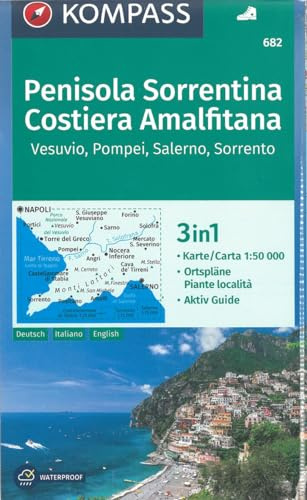 KOMPASS Wanderkarte 682 Penisola Sorrentina, Costiera Amalfitana, Vesuvio, Pompei, Salerno, Sorrento 1:50.000: 3in1 Wanderkarte mit Aktiv Guide und Ortsplänen.