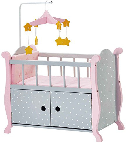 Olivia's Little World Polka Dot Princess Wooden Baby Doll Crib with Storage Underneath, Cushions, and Mobile, Grey/Pink