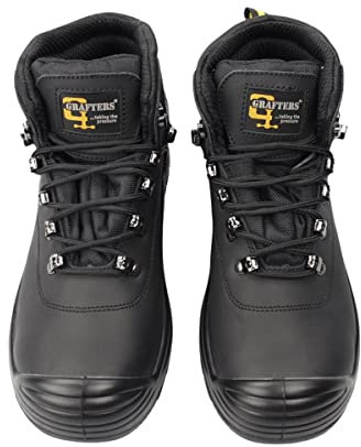 MENS GRAFTERS LEATHER WATERPROOF WIDE FIT LACE UP SAFETY BOOTS M9508 (UK10, BLACK)