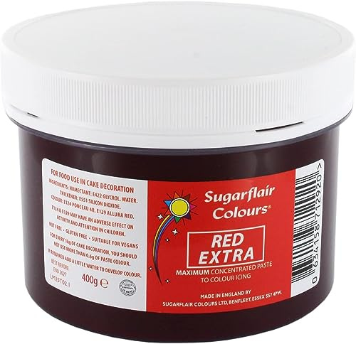 Sugarflair Red Extra Maximum Konzentrierte Lebensmittelfarbpaste, zur Verwendung mit Zuckerpasten, Blütenpaste, Buttercreme, Zuckerguss und mehr, 400 g