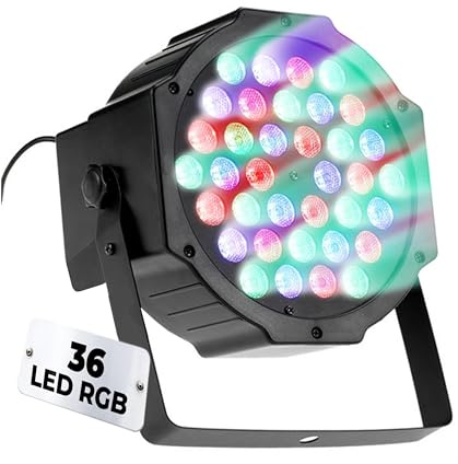 TEMPO DI SALDI Faretto LED RGB 36W 17,5 x 17,5 x 10 cm con Sensore Sonoro, 36 Luci Discoteca a Ritmo di Musica con staffa inclusa, Luci Discoteca per Feste in Casa e Spettacoli