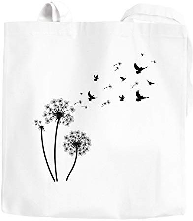 Autiga Jutebeutel Pusteblume Vögel Dandelion Birds Baumwolltasche Stoffbeutel Schultertasche Einkaufsbeutel weiß 2 lange Henkel