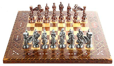 GiftHome Mythologic Pegasus Antique Copper Metal Chess Set for Adult,Handmade Pieces and Natural Solid Wooden Chess Board with Original Pearl Around Board King 3.75 inc