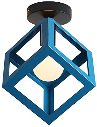 iDEGU Plafonnier Luminaire Moderne Lustre Forme Cage Lampe de Plafon Vintage Abat-jour de Style Géométrique en Métal E27 Éclairage pour Chambre Salon Restaurant, Forme de Cube,16CM, Bleu