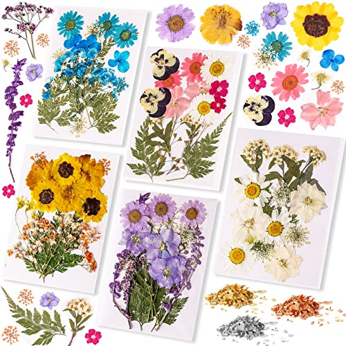 LET'S RESIN Dried Flowers for Resin,115Pcs Natural Dried Pressed Flowers Leaves Petals,3 Colors Foil Flakes,Dried Resin Flowers for Resin Molds,Scrapbooking,Crafts,Jewelry,Soap/Candle Making