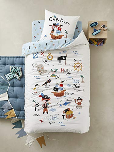 Vertbaudet Kinder Bettwäsche-Set Piraten KAPITÄN wollweiß/blau Bedruckt 140X200 63X63