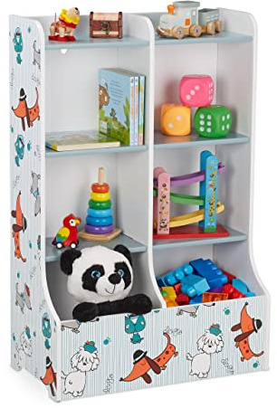 Relaxdays Kinderregal, HxBxT: 90 x 59 x 30 cm, Kinderzimmerregal mit Hundemotiv, 8 Fächer, MDF, Bücherregal Kinder, bunt, Weiß, Hellblau, Blau