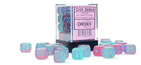 Chessex Luminary tärningsset 36 12 mm tärningsgel grön och rosa med ljusblå