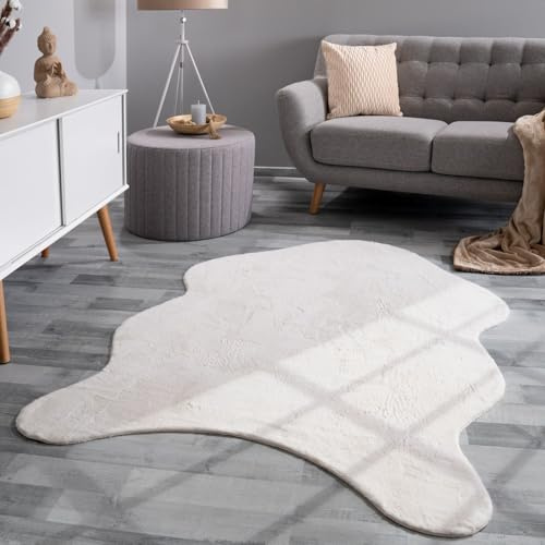TT Home Wohnzimmer Teppich Unifarben Flauschig Modern Kunstfell Kurzflor, Farbe: Creme, Größe:80x120 cm Fell-Form