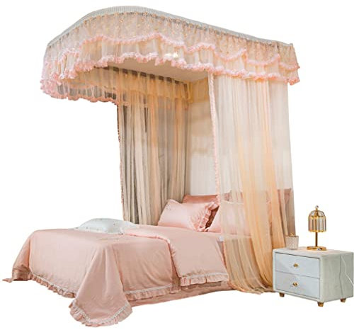 DUANIP Betthimmel for Mädchen – Prinzessin, Elegante Spitze, U-Form, transparente Netzbettvorhänge – Baldachin for Mädchenzimmer, Bettwäsche, Netz for Zwillinge (Aprikosenfarbe) (Size : 6INCH Bed)