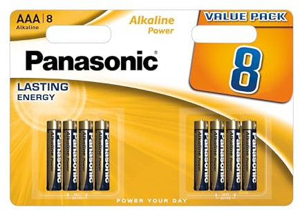 Panasonic, Alkaline Power, AAA Piles alcalines, Lot de 8, Micro, LR03, 1.5V, Protection Anti-Fuite, 7 Annees en Stock, pour télécommandes, balances, horloges, énergie Durable et fiable