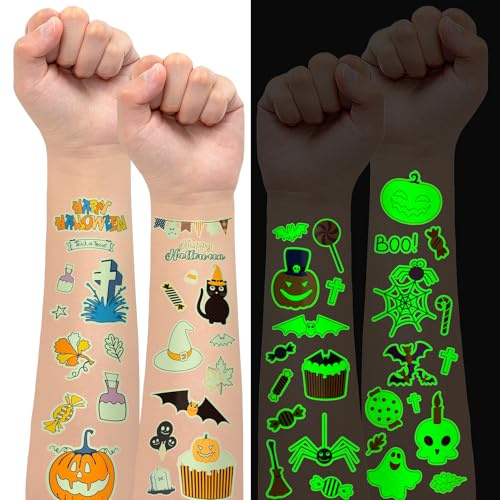 Halloween Tatouages lumineux enfants, citrouille fantômes faux tatouages lumineux autocollants, Halloween accessoires cadeaux décoration pour enfants garçons filles (12 feuilles)