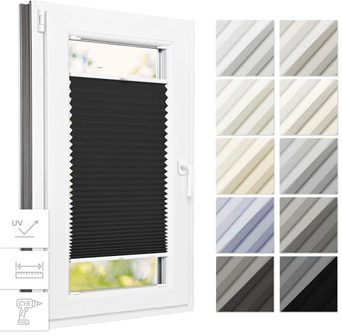 Estika Thermo-Plissee mit Bohren 90 x 120 cm – Schwarz – Plissee für Fenster innen, Jalousie für Fenster, Fensterplissee zur Schraubmontage