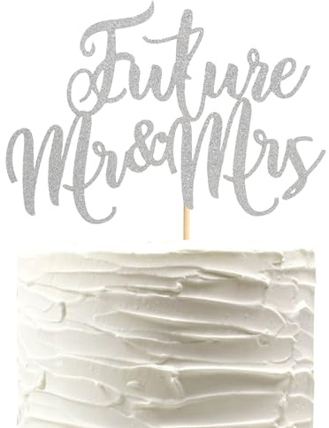 Arthsdite 1 Pc Future Mr and Mrs Cake Topper, Silver Glitter, Wedding Occasion, Metallic Silver