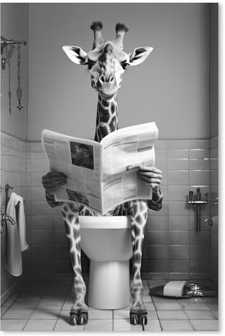 ZXHYWYM Lustige Badezimmerbilder niedliche Giraffe die Zeitung auf der Toilette liest Poster schwarz weiße Tier Leinwanddrucke für rustikale Toilette gerahmt(Bild-3, (40.00 x 60.00 cms))