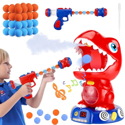 Royouzi Rörlig dinosaurie-skjutleksak med sprayfunktion, målleksak med pumpmatstoler, 48 skumbollar, LED-mätare, ljud, för 4 5 6 7+ pojkar och flickor