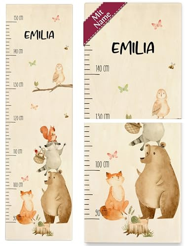 Messlatte Kind Holz - Tiere - Kindermesslatte Waldtiere I Bär I Fuchs I Waschbär I Eichhörnchen I Eule - 90-150 cm - Holz - kinder 160 tier wald holzmesslatte wand größe eulen meßlatte