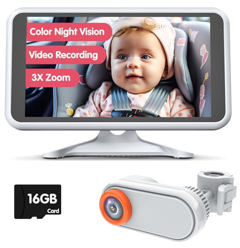 LUCKVIEW Baby Car Camera with Video Recording TF Card, 5.2'' 1080P Baby Car Monitor with Night Vision, 3X Zoom, 360° Rotation for Rear Facing Seats, Secure Wired Connection (BM3)