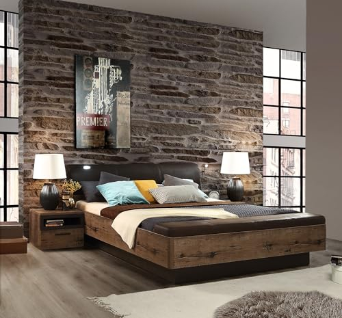 Forte Jacky Bett 220, Rustikales Bettgestell, Doppelbett, Schlafzimme, Holzwerkstoff, Edeleiche Holzdekor/Edeleiche mit Text/Schwarzeiche Holzdekor, 219,8 cm breit x 90,2 cm hoch x 242,2 cm tief