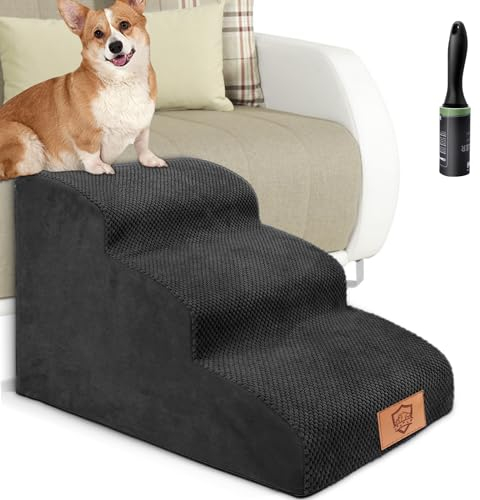 MASTERTOP Hundetreppe 3 Stufen, Hochdichter Schwamm Haustiertreppe Hundetreppe für kleine Hunde, rutschfest Tragbar Hunderampe Katzentreppe mit Waschbar Plüschbezug für Sofa Betten(Schwarz)