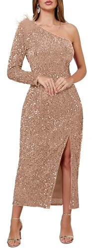 VERWIN Damen Paillettenkleid One Shoulder Bodycon Schrägkragen Maxikleid Sparkly Spilt Wrap Cocktailkleid, camel, XL