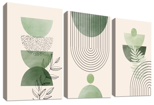 3 Pcs Boho Salbei Grün Mit Rahmen Leinwand Bilder Minimalistisch Geometrisch Beige Grün Bild auf Leinwand Malerei Wandbilder Wanddeko Wohnzimmer Schlafzimmer Dekorationen 150x70cm (20x28x3pcs)
