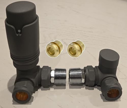 Team Controls Anthracite Grey Corner TRV Thermostatic Radiator Valve & Lockshield 8mm Pack Set Pair- inc 2no. 8mm Inset Reducer