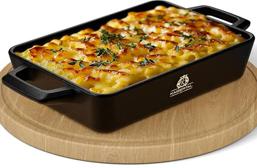 KAISERTAL Servierpfanne Gusseisen 16x11cm – Pfanne mit 2 Griffen & Holzuntersetzer – Servierpfanne Klein Induktion – Gusseiserne Gusspfanne oval für Backofen & Grill (Quadratisch 1 Stück)