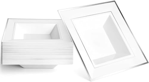 MATANA 100 Weiße Quadratische Plastikschalen mit Silbernem Rand, Suppenteller, Suppenschalen (360ml) - Suppenschüssel für Hochzeiten, Geburtstage, Weihnachten, Partys - Mehrweg & Stabil