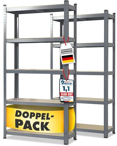 OfficeMarshal L Confezione doppia di scaffali pesanti, grigio, 200 x 120 x 60 cm, scaffalatura, sistema a incastro montato senza attrezzi (Lakota)